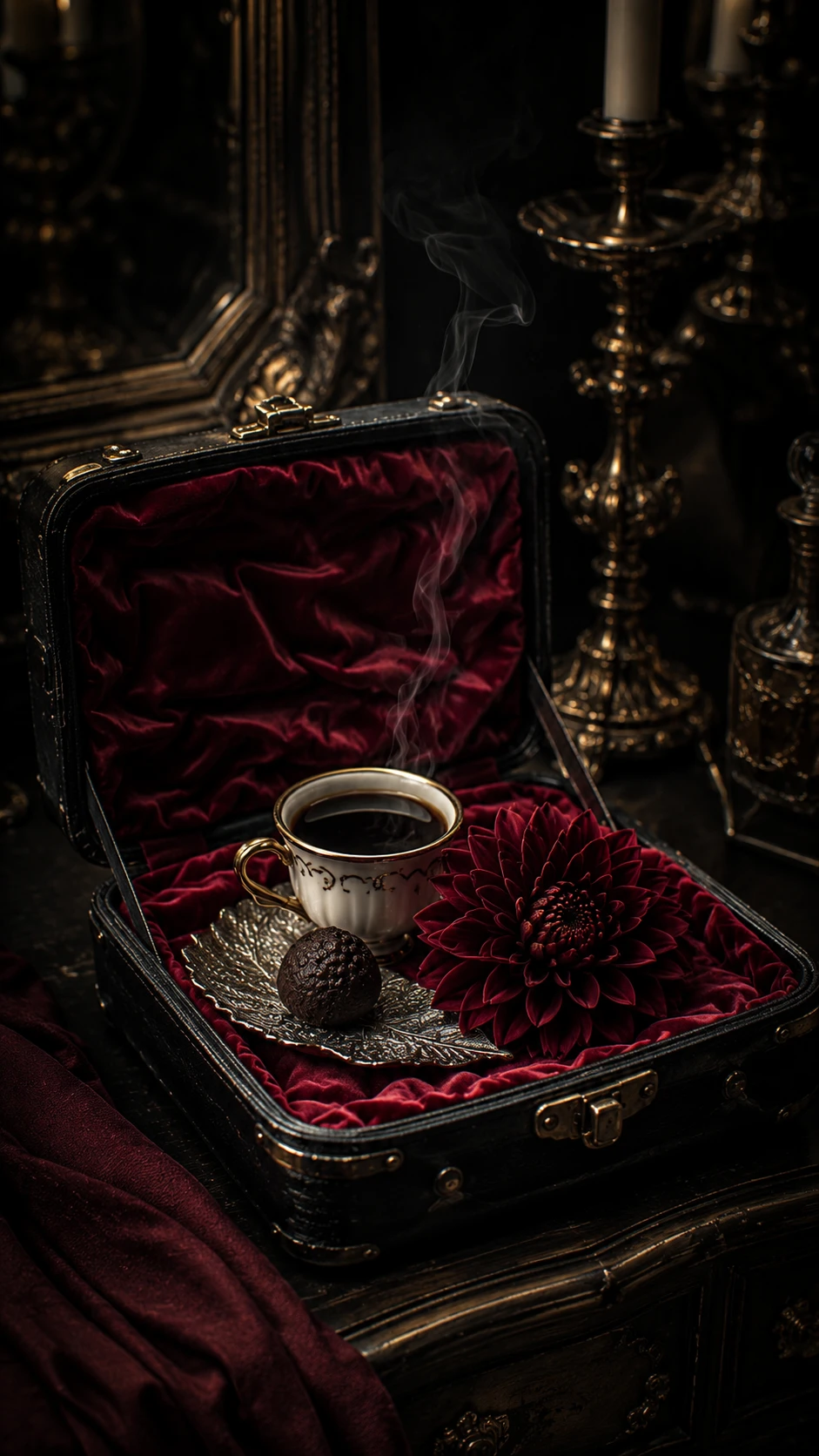 Espresso fumegante em nécessaire com flor e chocolate