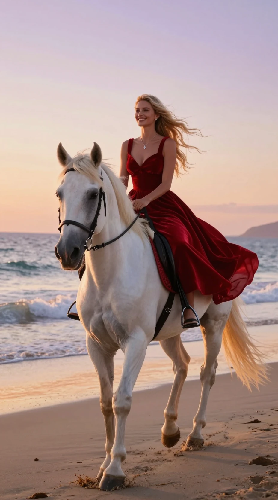 紅色洋裝女子騎著白馬奔馳在夕陽海灘