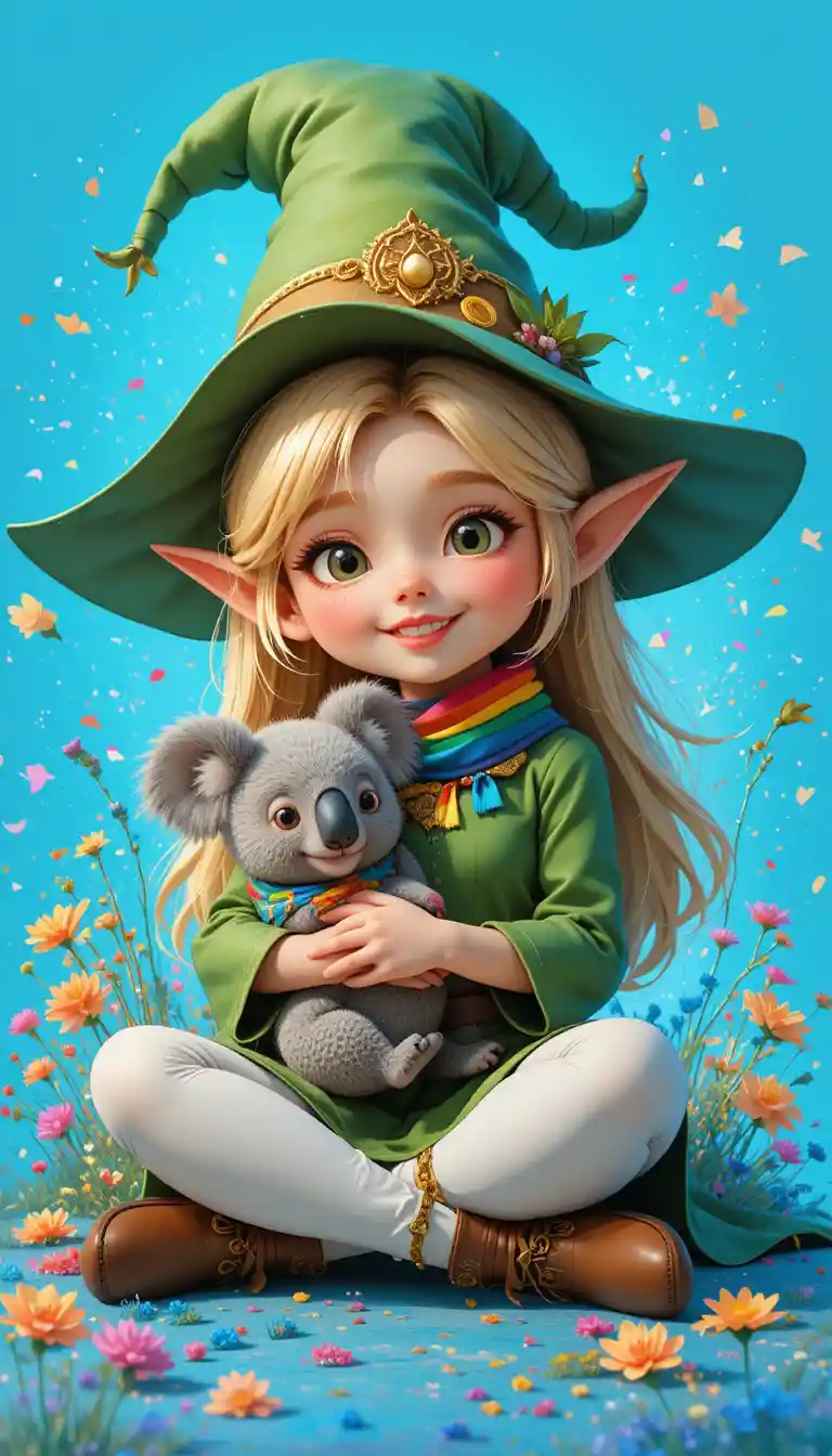 Chica elfa abrazando a un koala con bufanda arcoíris