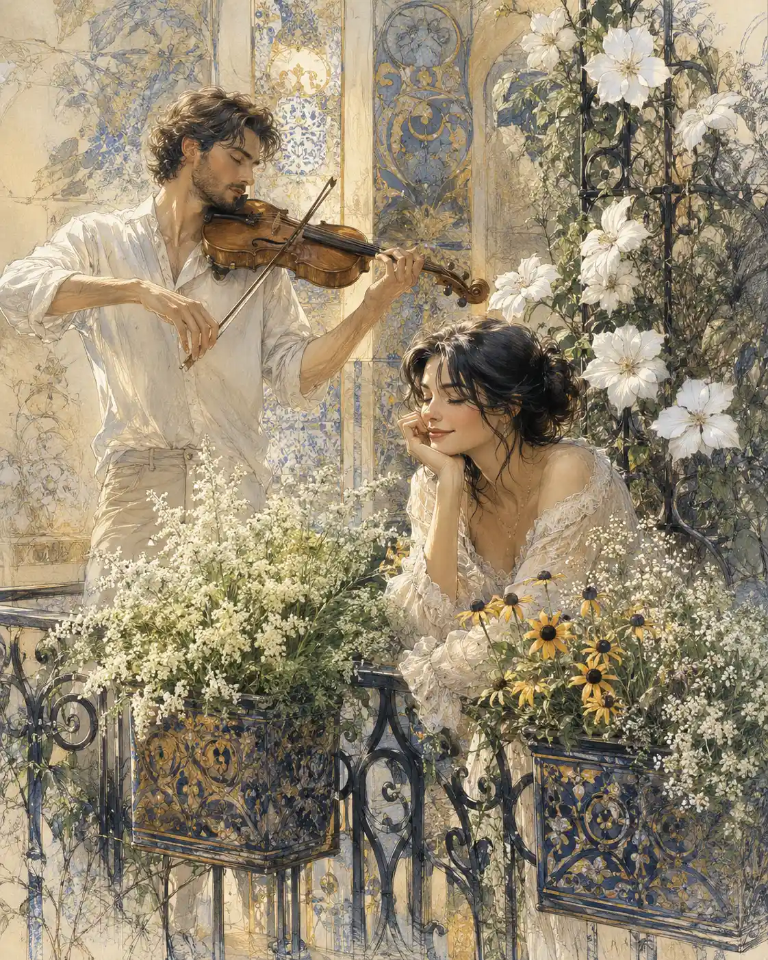 Uomo che Suona il Violino su un Balcone Pieno di Fiori in Primo Piano