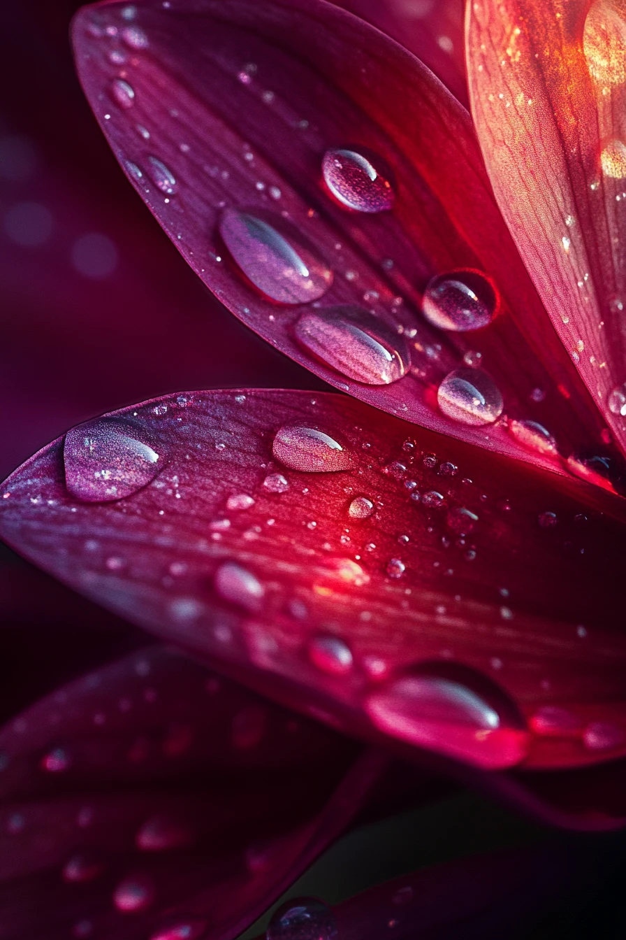 Pétalas de flor gigantes e brilhantes com gotas de chuva de cristal cintilantes