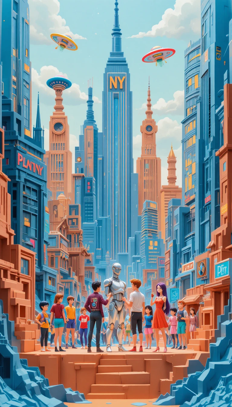 Cidade futurista retrô em desenho animado com personagens de papel brincalhões