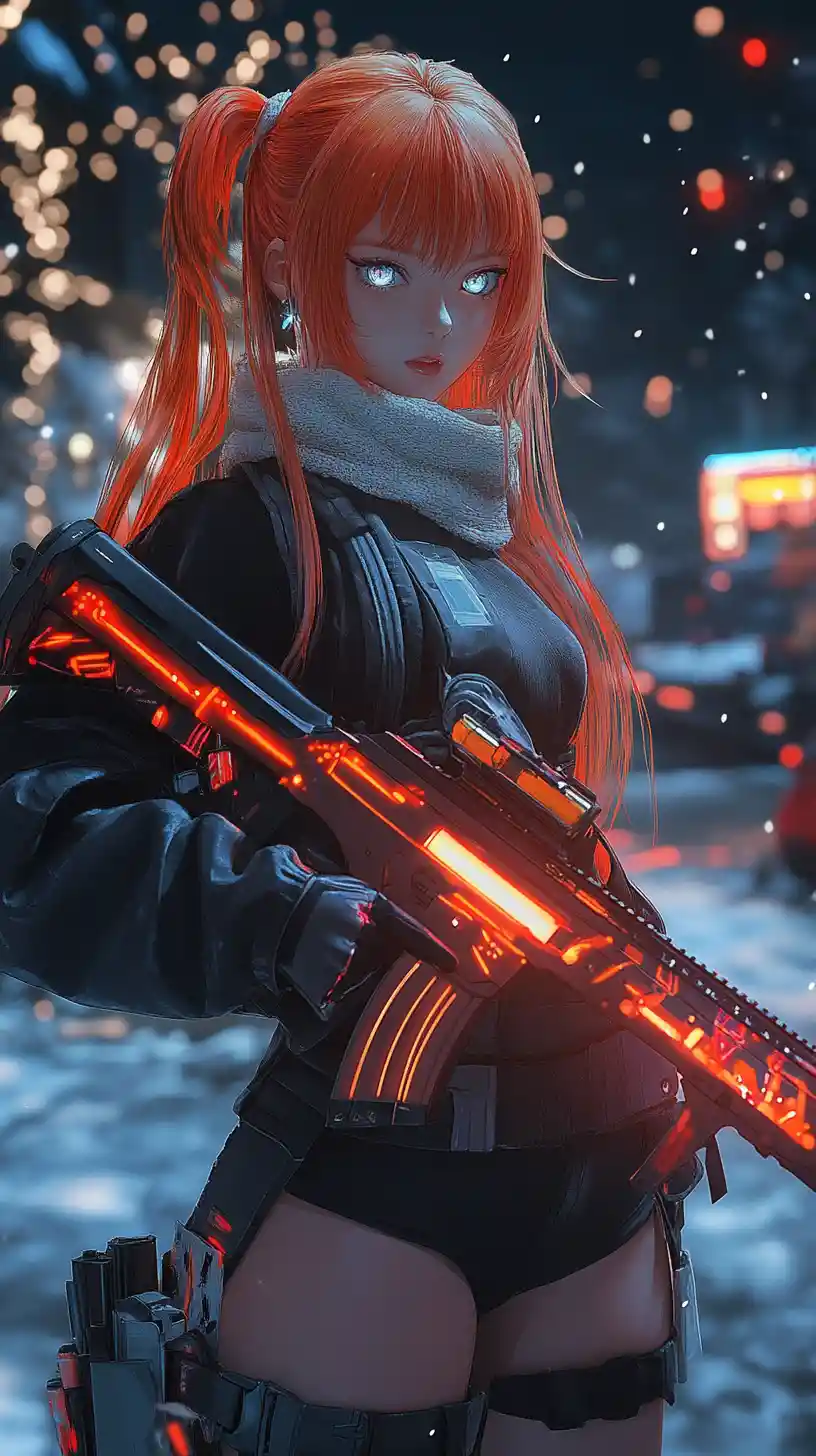 Chica anime con fusil de asalto desgastado en una fábrica en ruinas
