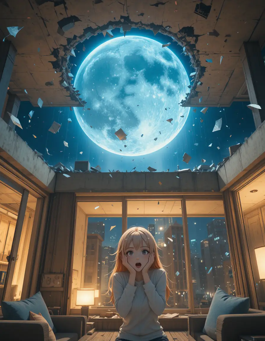 Chica de anime viendo cómo una luna brillante atraviesa su techo