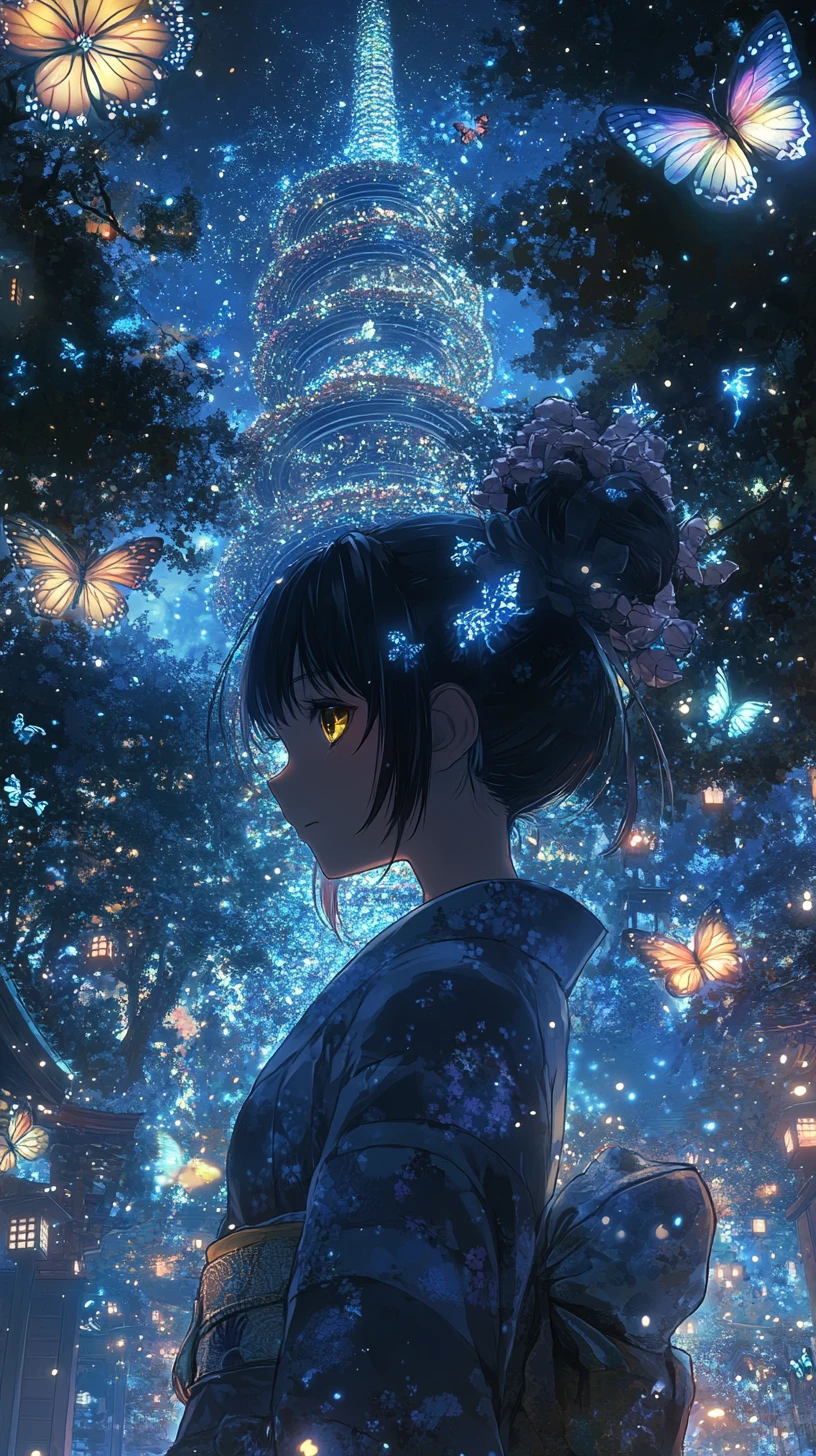 Fille d'anime dans un temple japonais sous des feux d'artifice nocturnes
