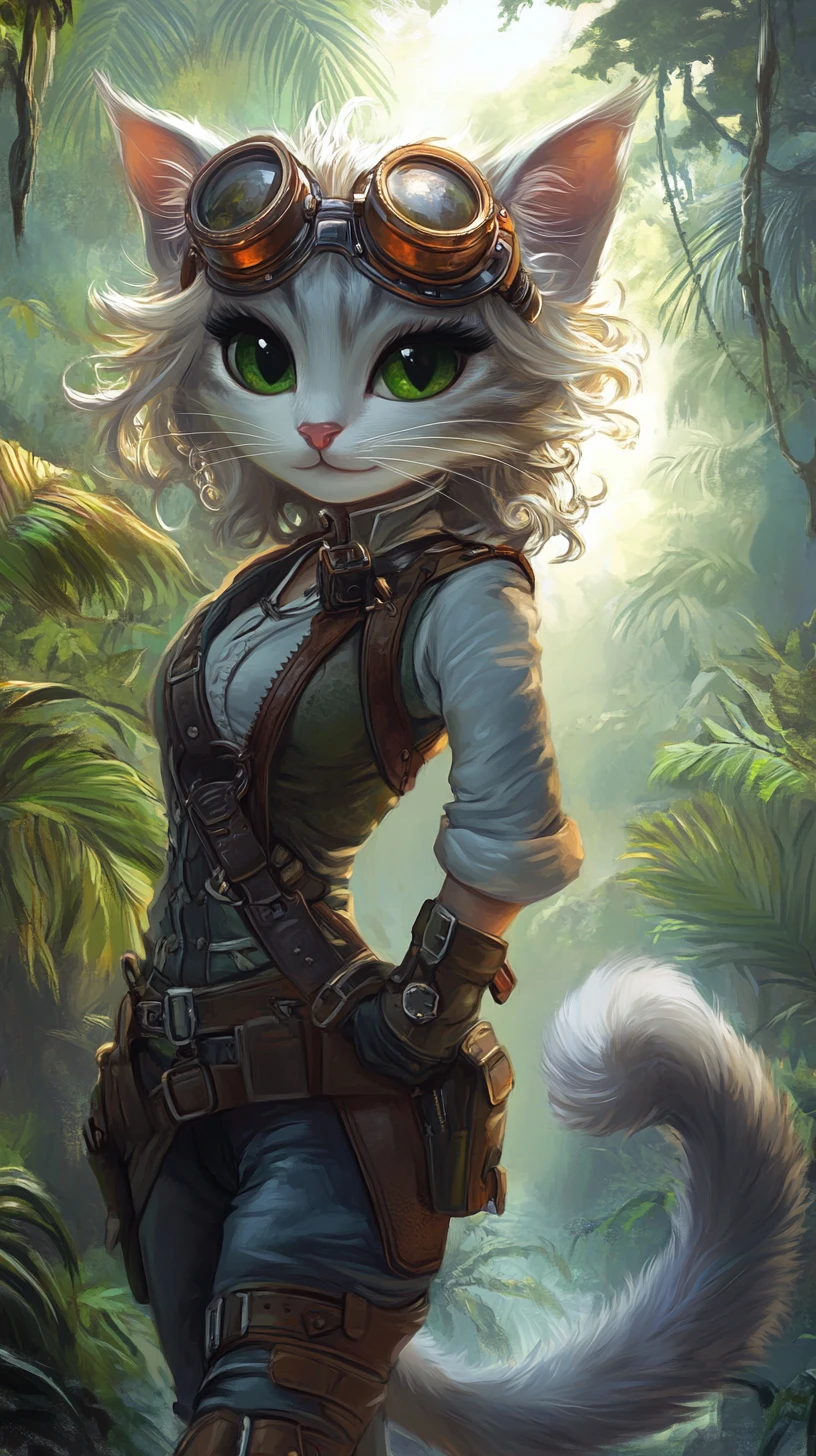 Aventureira garota-gato em uma selva steampunk enevoada