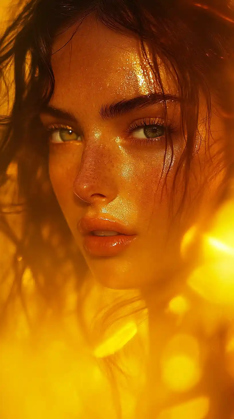 Close up beauty portrait of woman in yellow flames