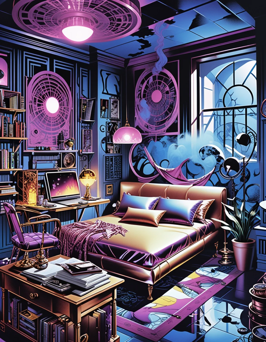 Quarto 3D com clima sombrio e decoração bruxa eclética