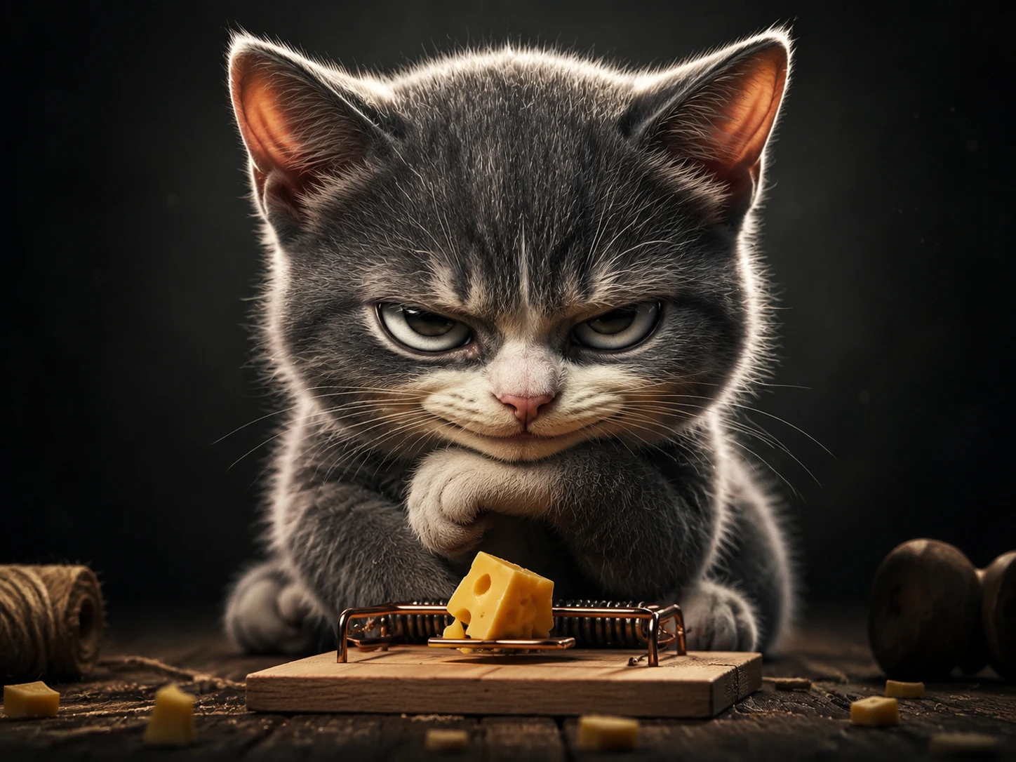 Gatinho 3D travesso com olhar cinematográfico cheio de planos