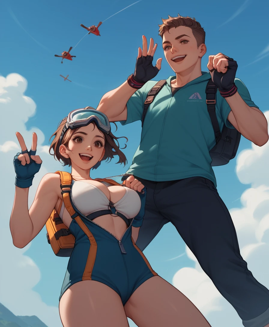 Paraquedismo em tandem com garota alegre visto de baixo
