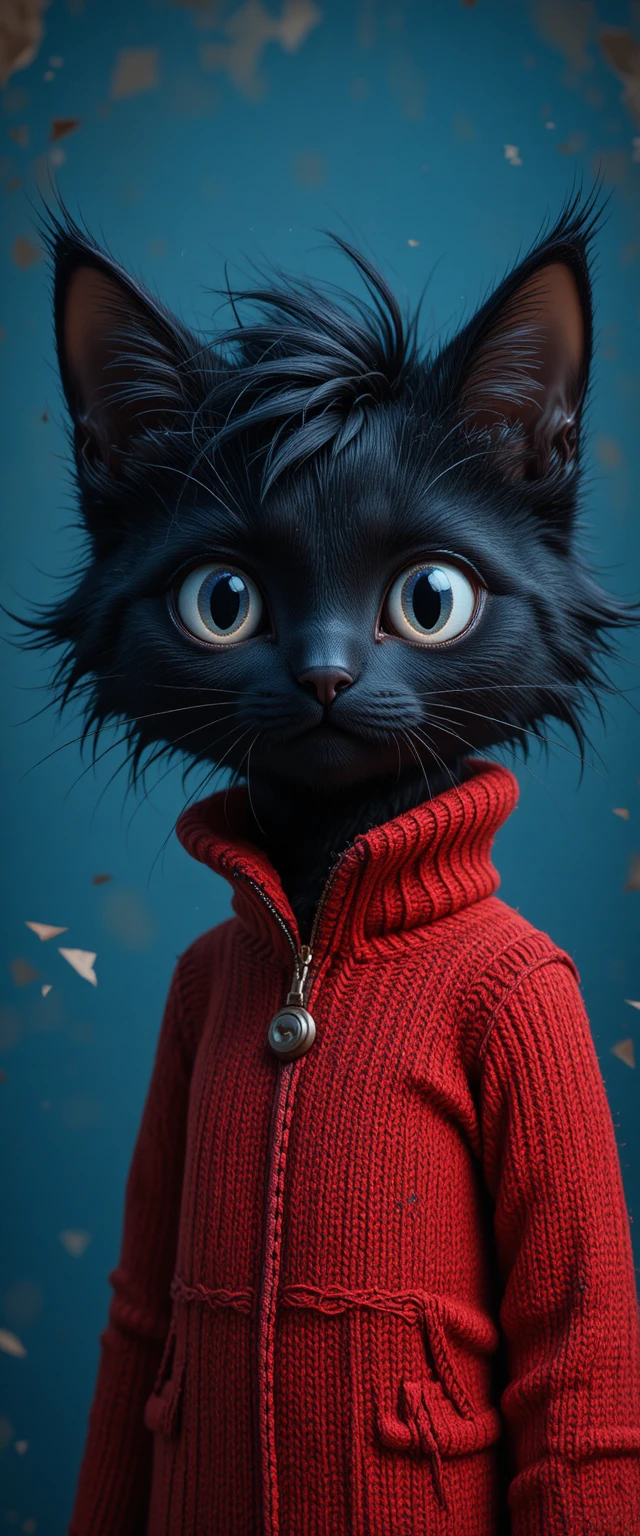 Gato preto com olhos brancos em fundo azul vibrante