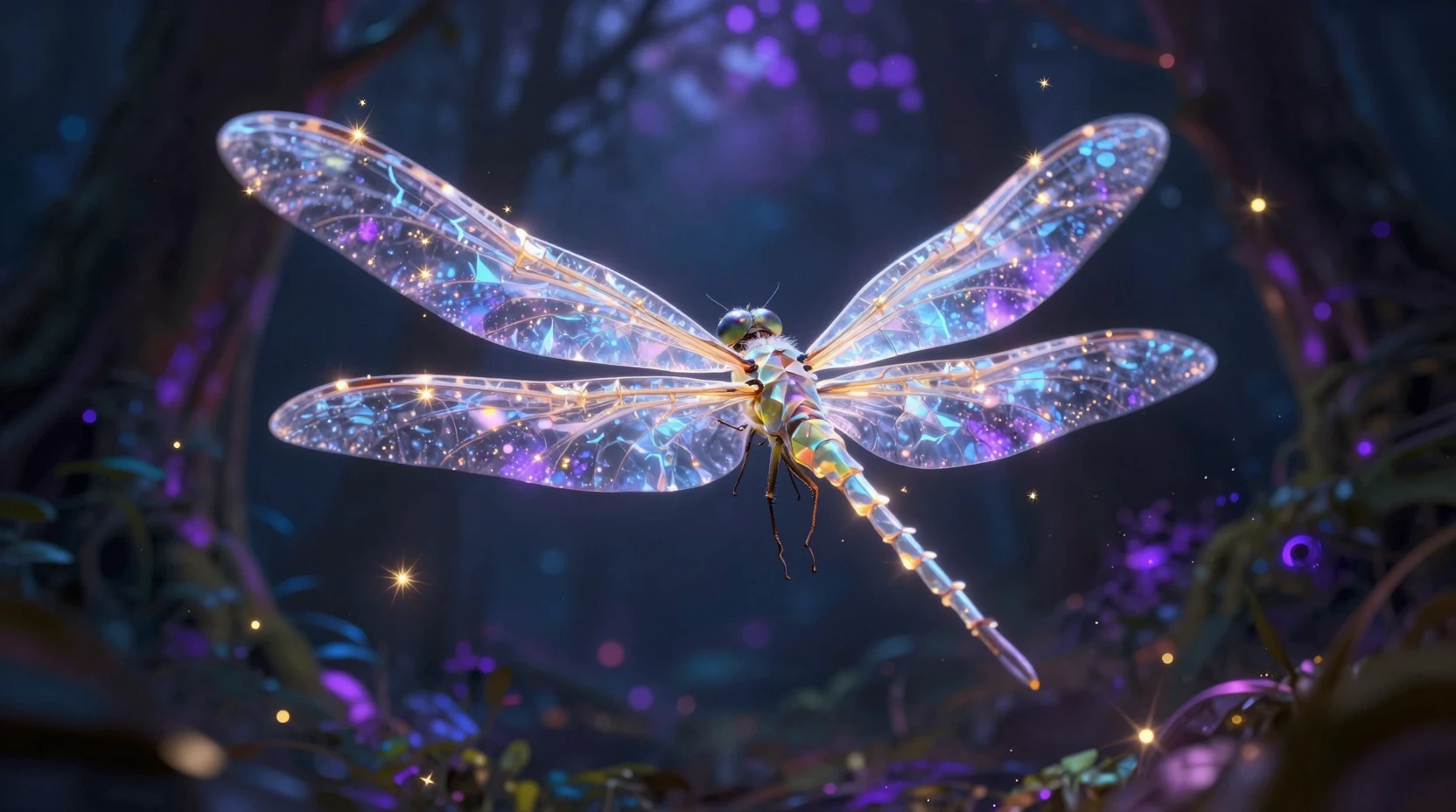 Libellule de Cristal Lumineuse dans une Forêt Néon Enchantée la Nuit