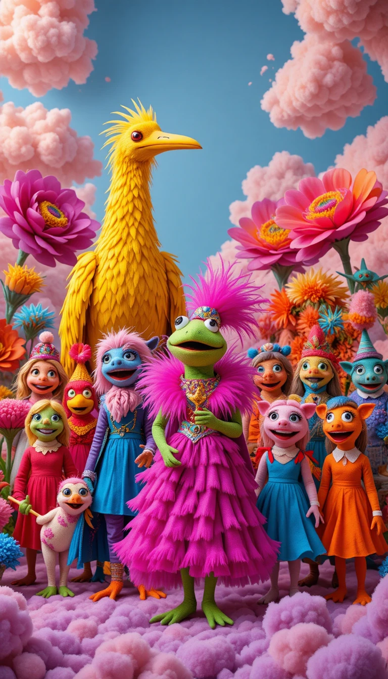 Marionetas de fieltro coloridas en un alegre retrato de grupo fantástico