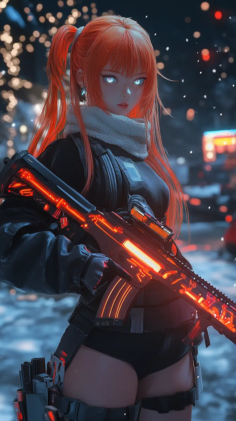 Chica anime con fusil de asalto desgastado en una fábrica en ruinas