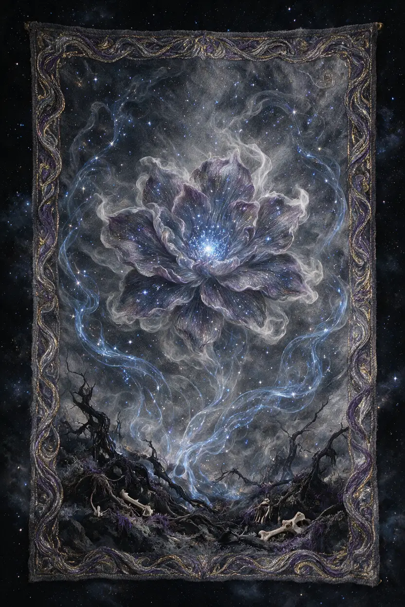 Abstract form woven from smoke against a starlit void