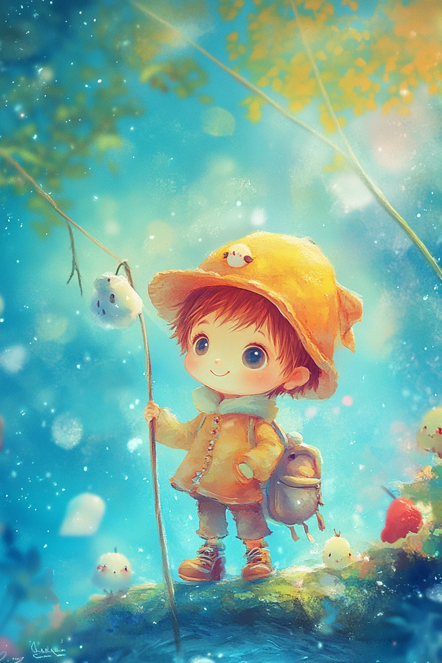 Ilustración de chica de anime encantadora en colores pastel brillantes