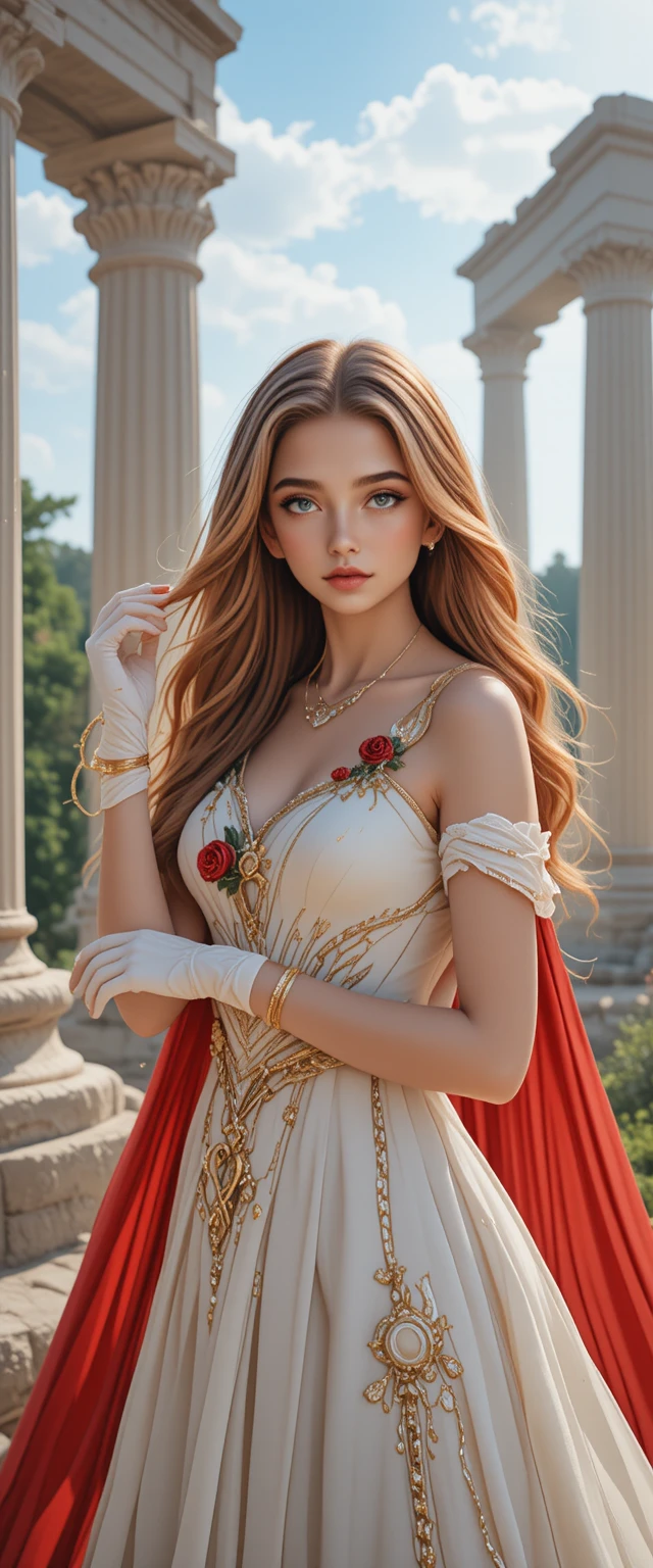 Cosplay girl in white fantasy dress among greek ruins
