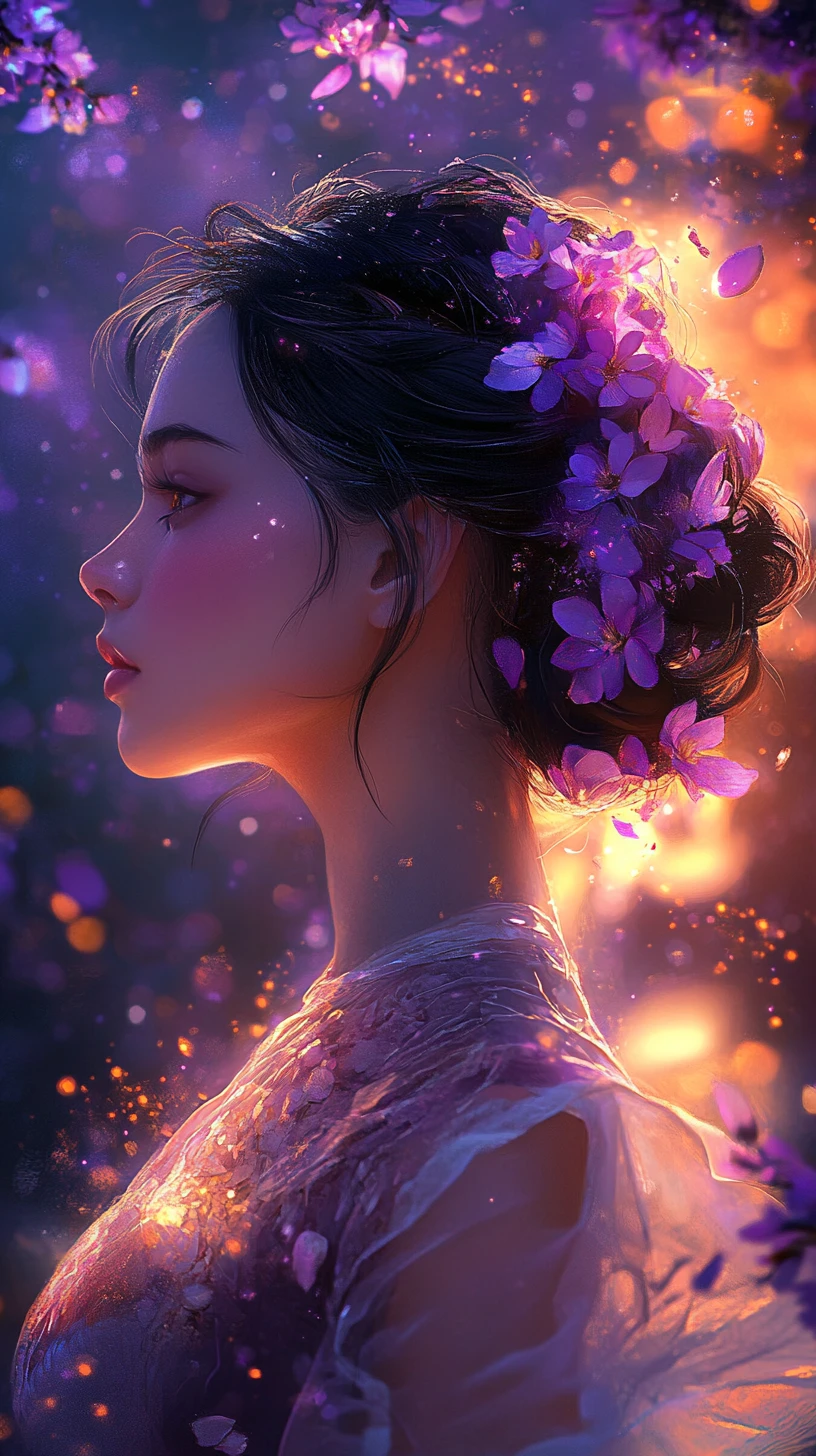 Profil eines gelassenen Blumengirls in leuchtender Fantasy