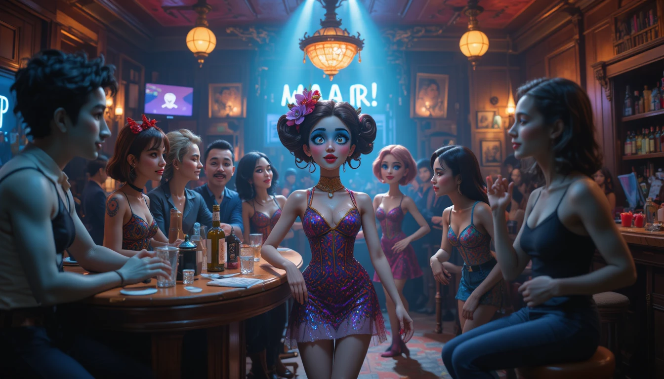Bagarre de bar en style claymation avec des silhouettes dansant en arrière-plan