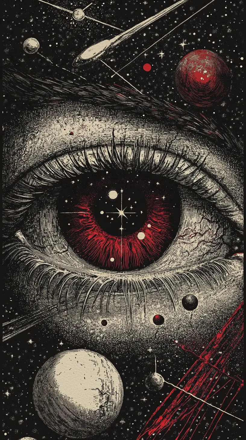 Géant œil cramoisi avec planètes en orbite dans une encre cosmique