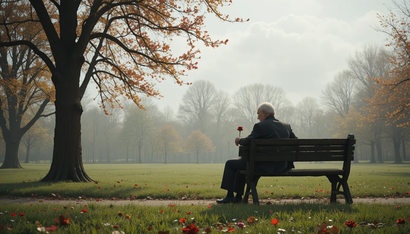 Homme âgé assis seul sur un banc de parc avec une rose