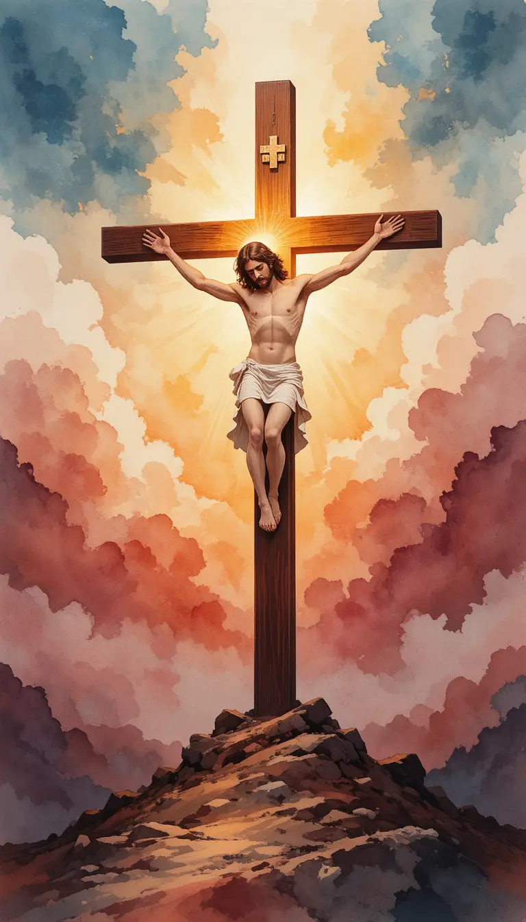 Crucificação em aquarela de Jesus ao nascer do sol no monte do Calvário