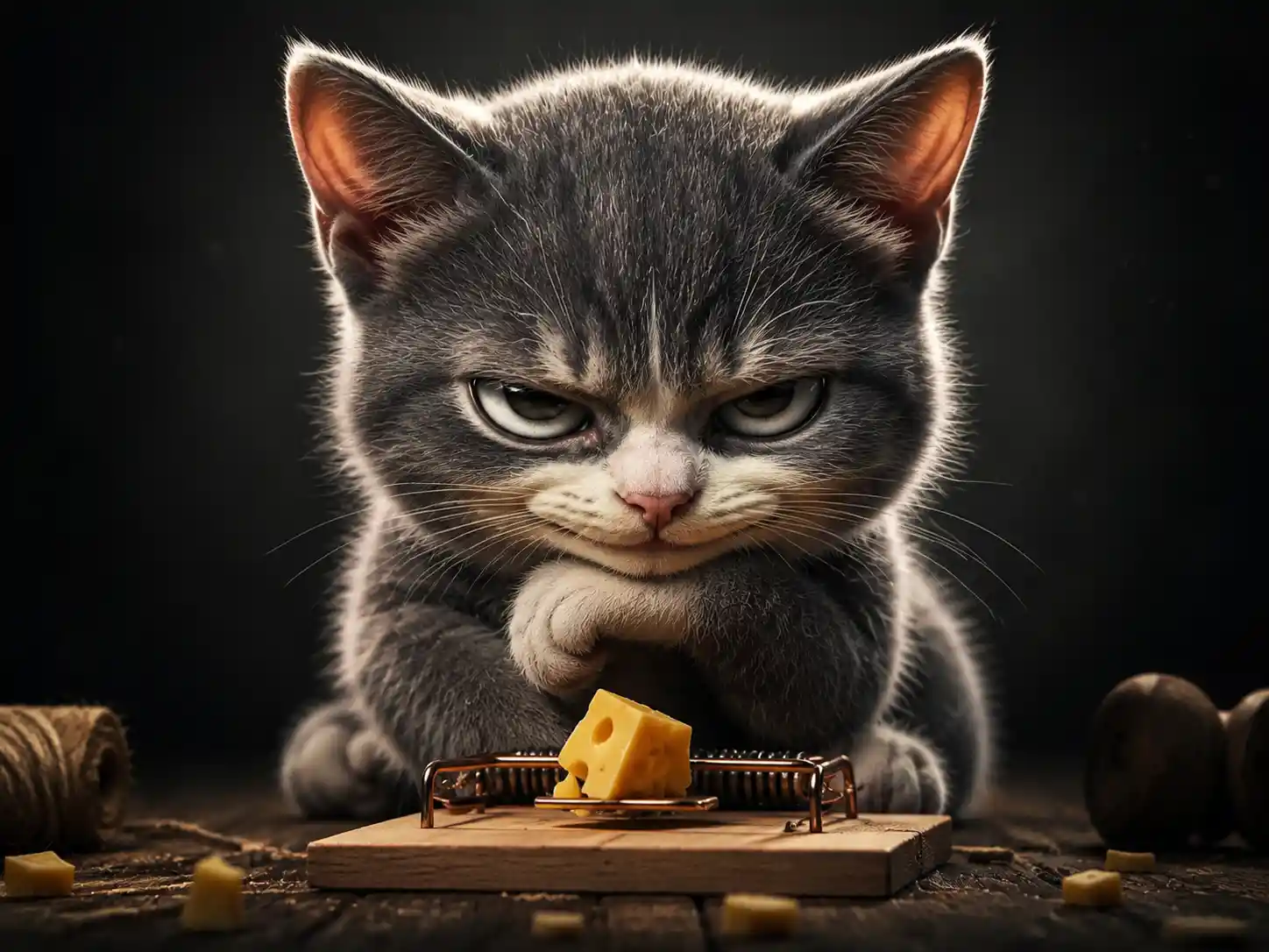 Mischievous 3D kitten with a plotting cinematic stare