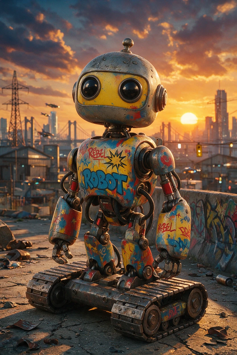 Retro robot over graffiti metal in dystopian sunset city