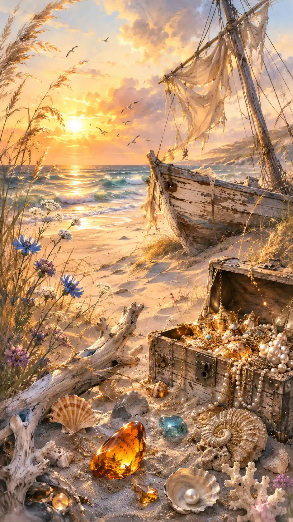 Glowing gold and blue treasure chest on the beach