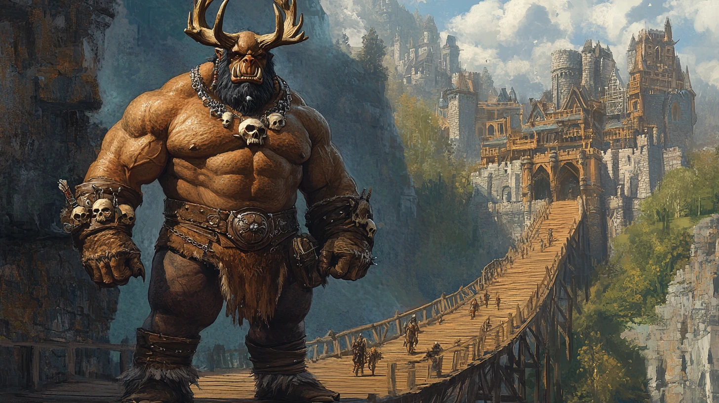 Puissant roi orc devant une forteresse de montagne imposante