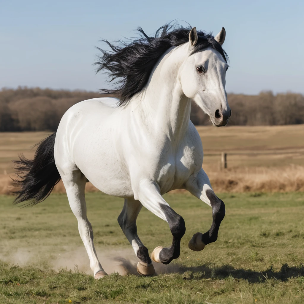 Cavalo branco correndo por um campo aberto banhado de sol