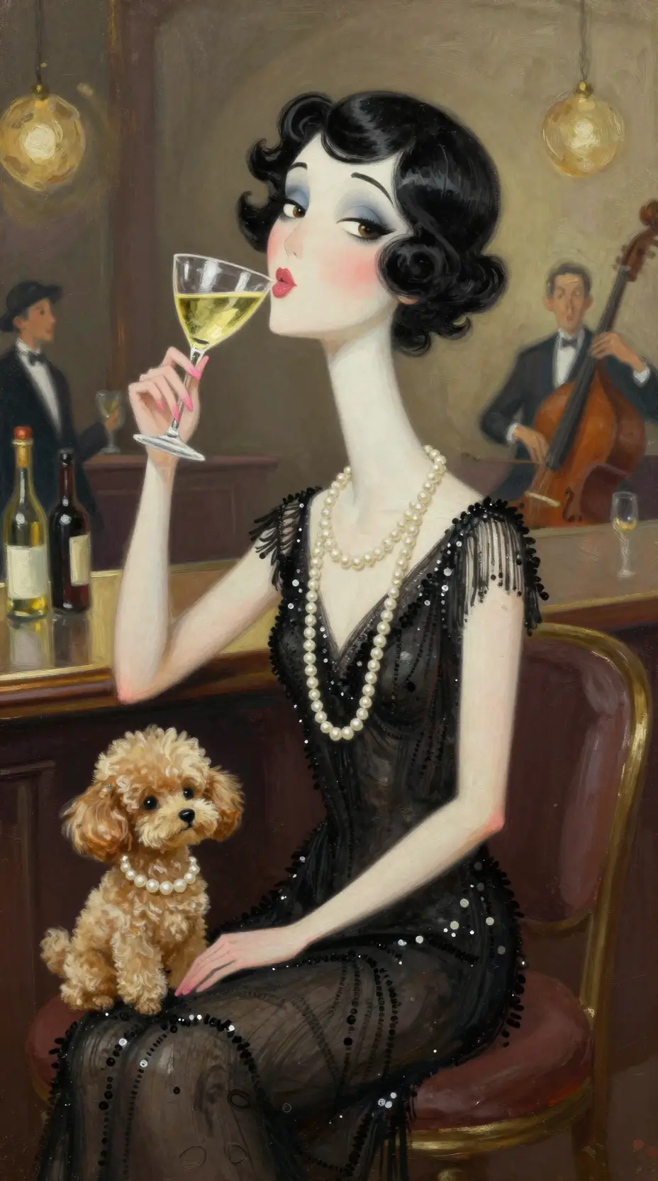 1920 年代時尚漫畫風女子於復古爵士酒吧