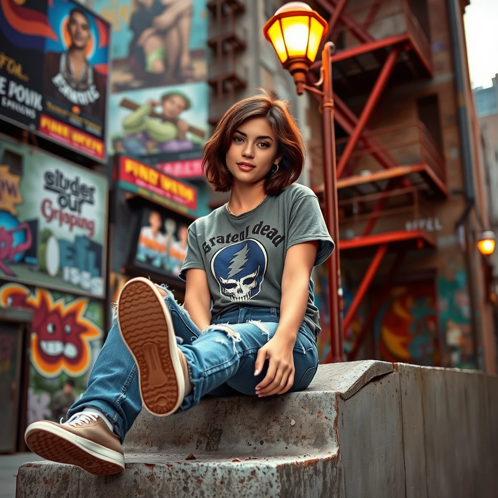 Jovem relaxando nos degraus da cidade sob luz morna de poste