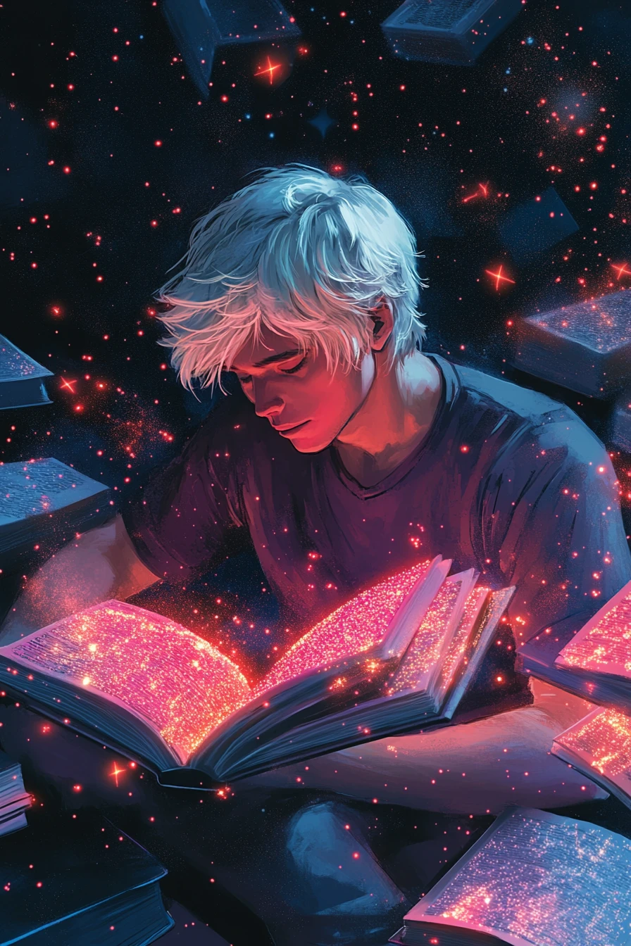Libro cosmico che brilla di luce stellare al neon e ispirazione