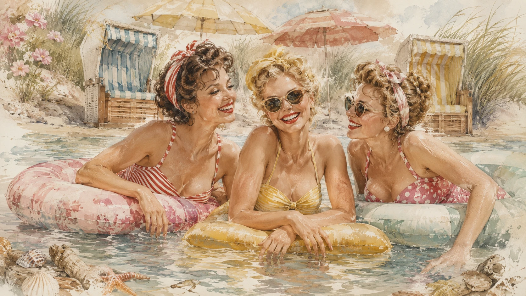 Drei Vintage-Frauen entspannen auf bunten Schwimmreifen am Strand