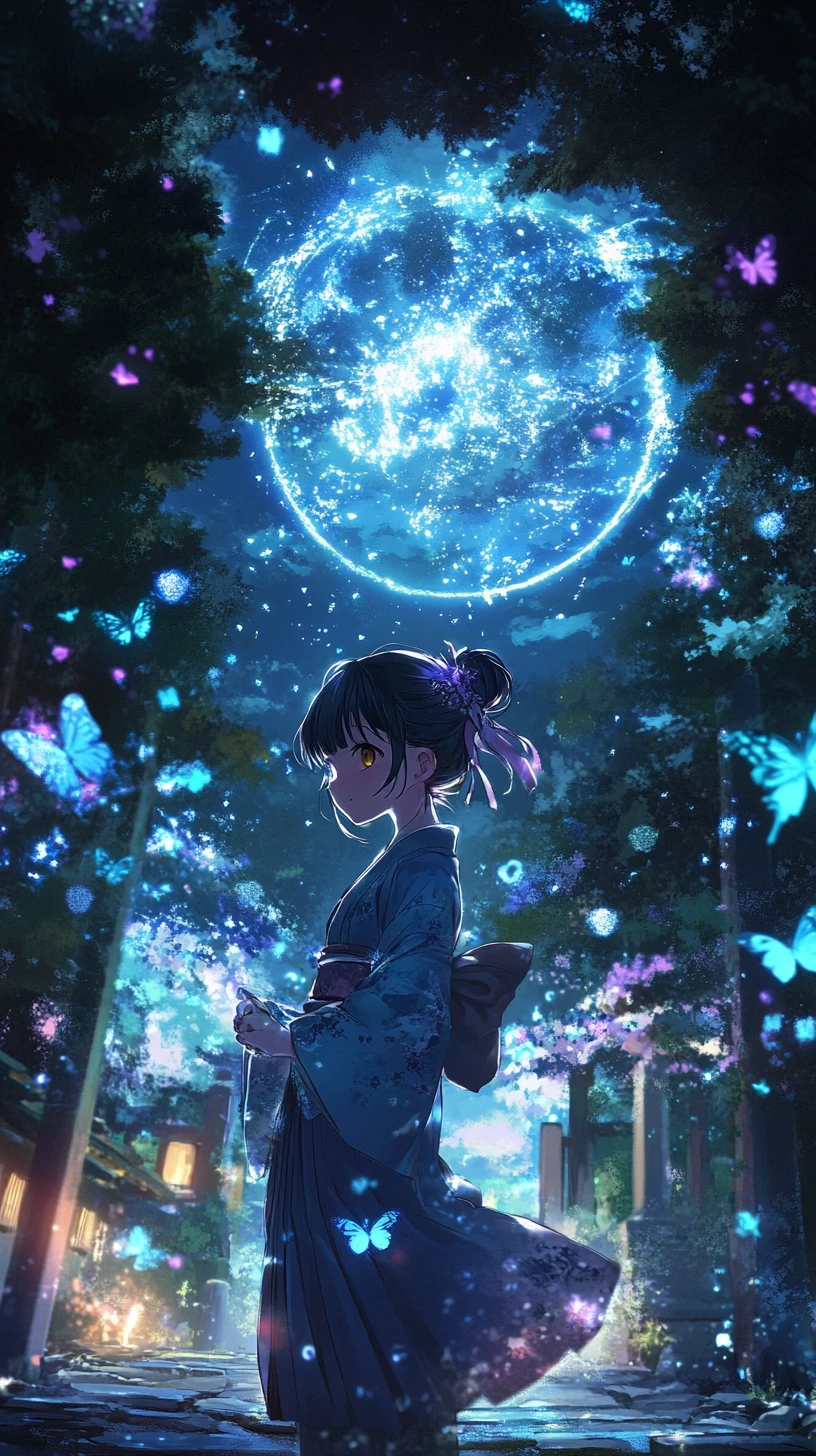 Chica de anime en un templo japonés con fuegos artificiales nocturnos