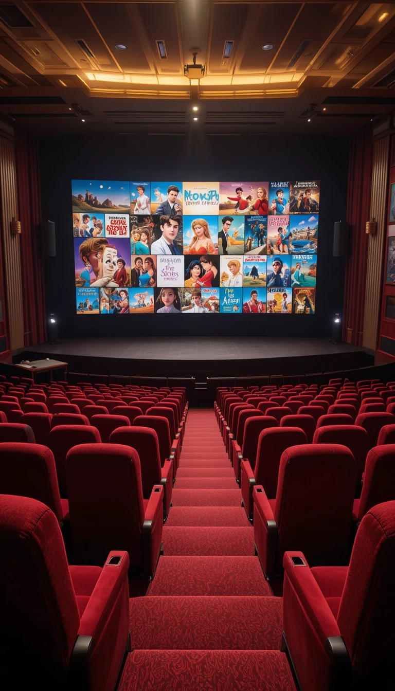 Sala de cine vacía con butacas de terciopelo rojo y gran pantalla