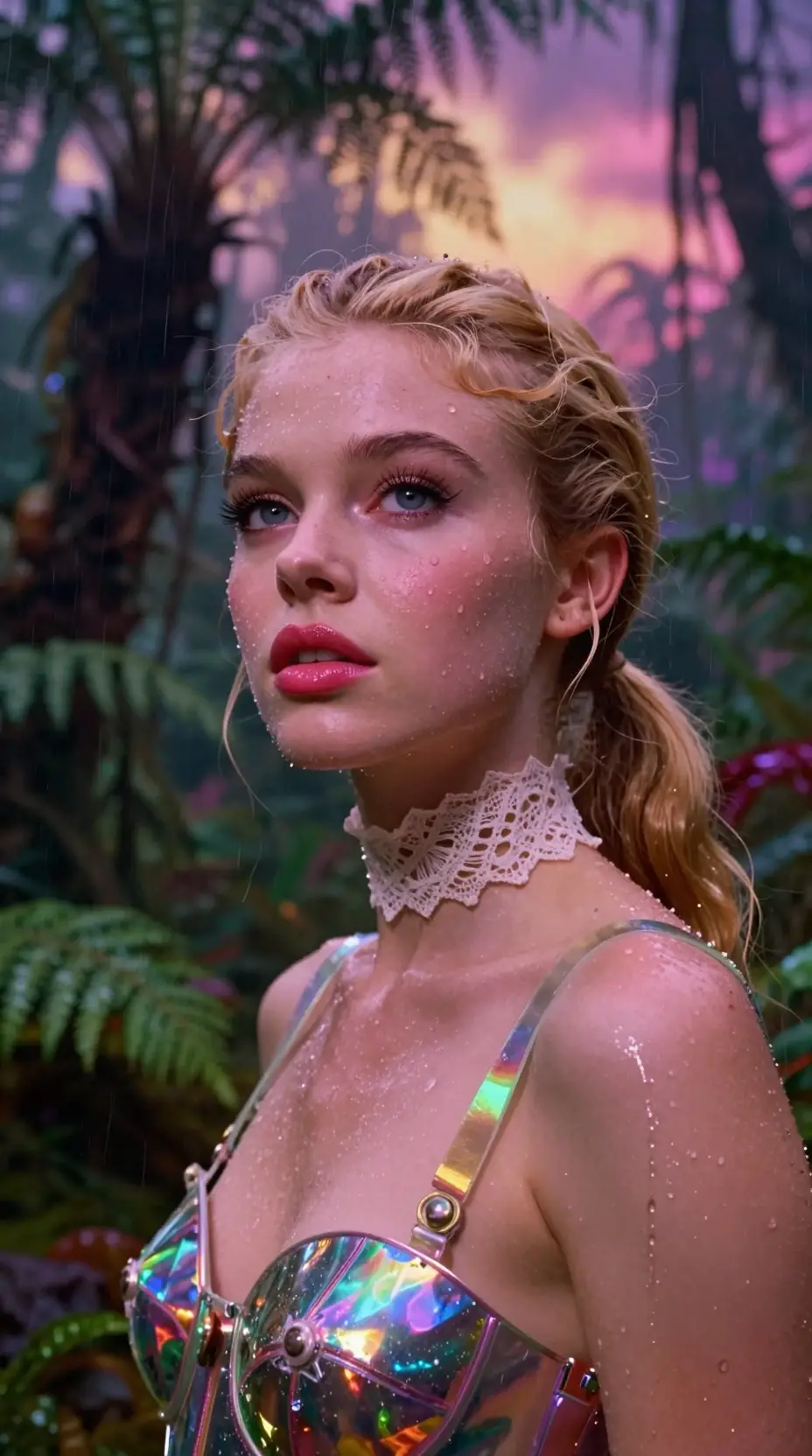 Emo girl portrait in cinematic rain soaked jungle close up