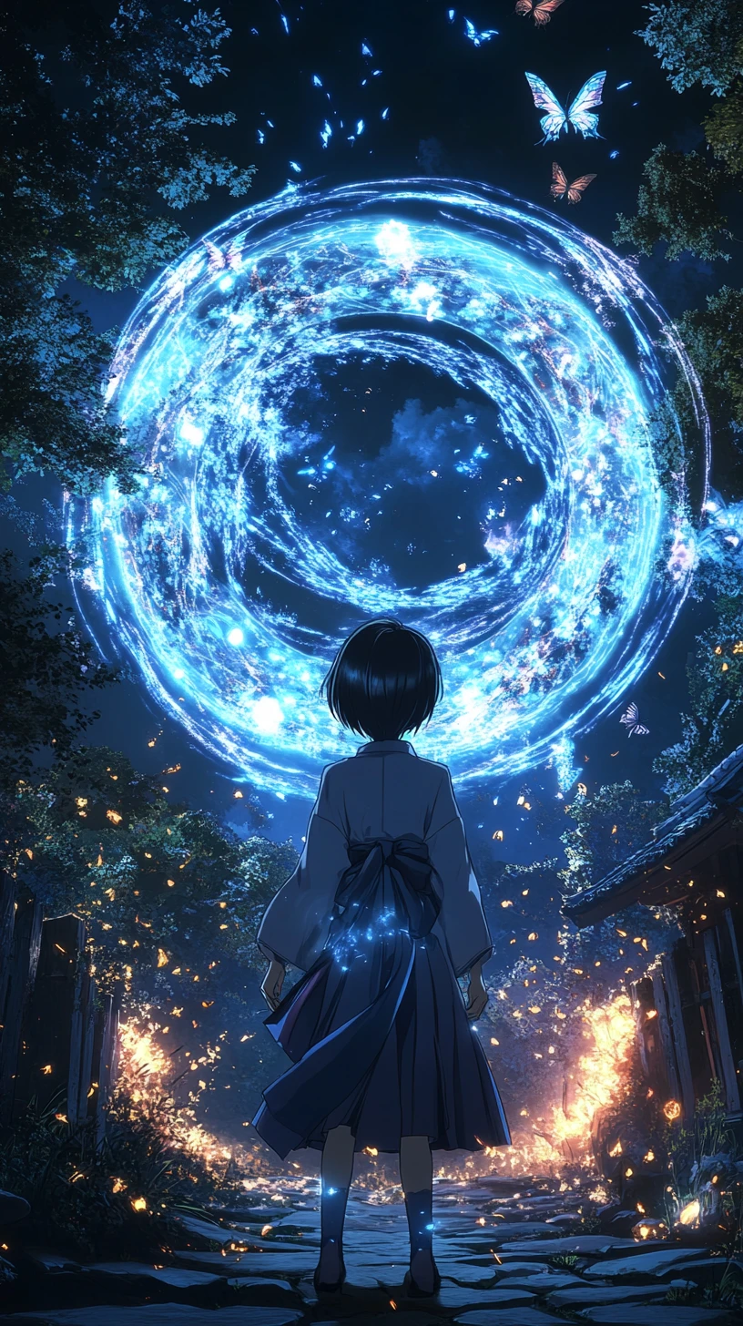 Anime-Mädchen an einem japanischen Tempel mit nächtlichem Feuerwerk