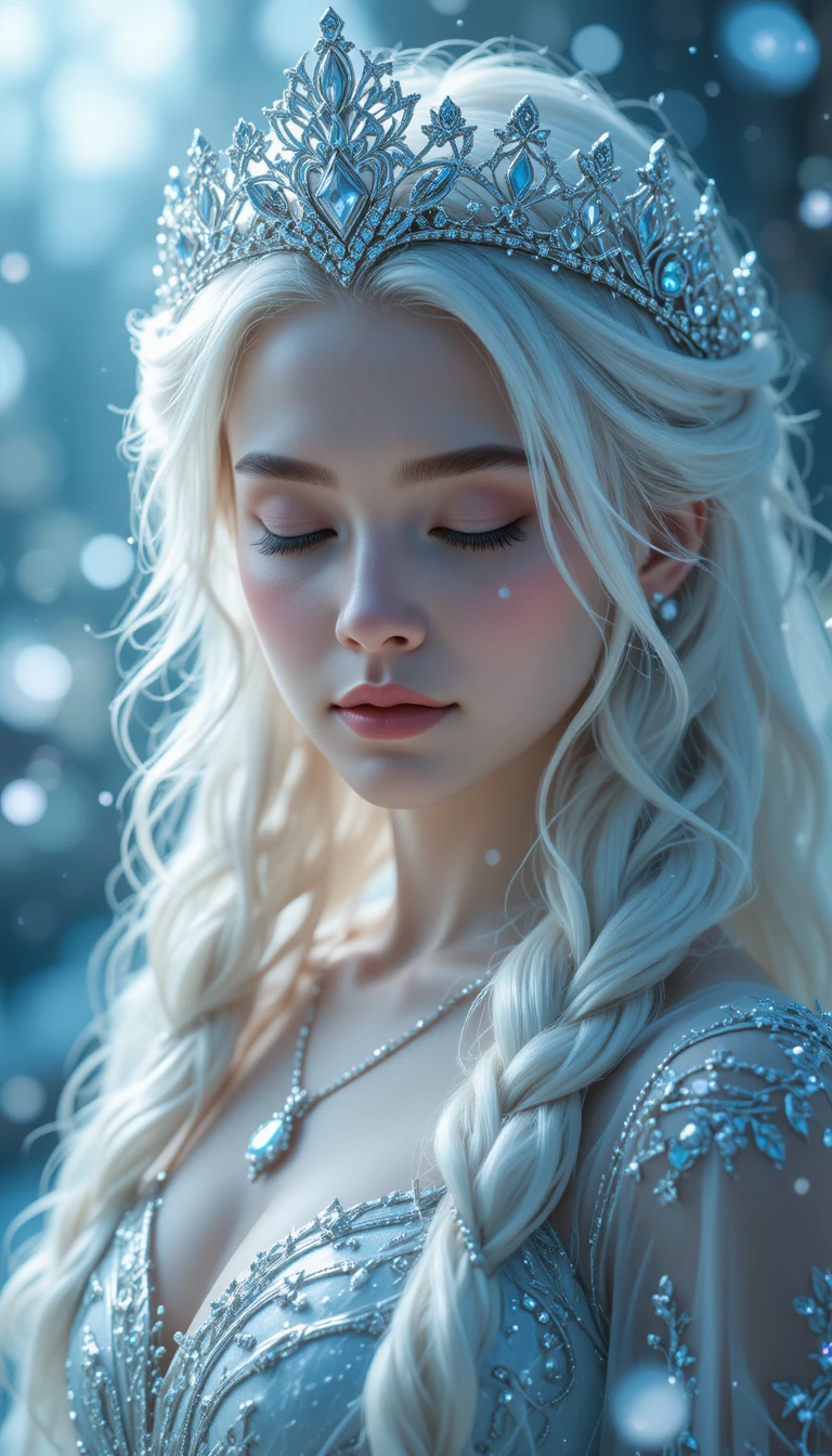 Rainha da neve etérea com coroa de joias em close suave