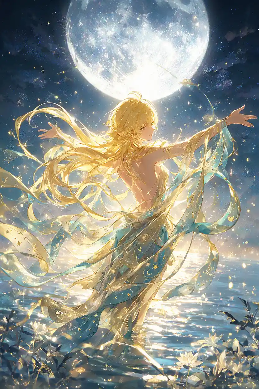 Radiant blonde woman under a glowing full moon
