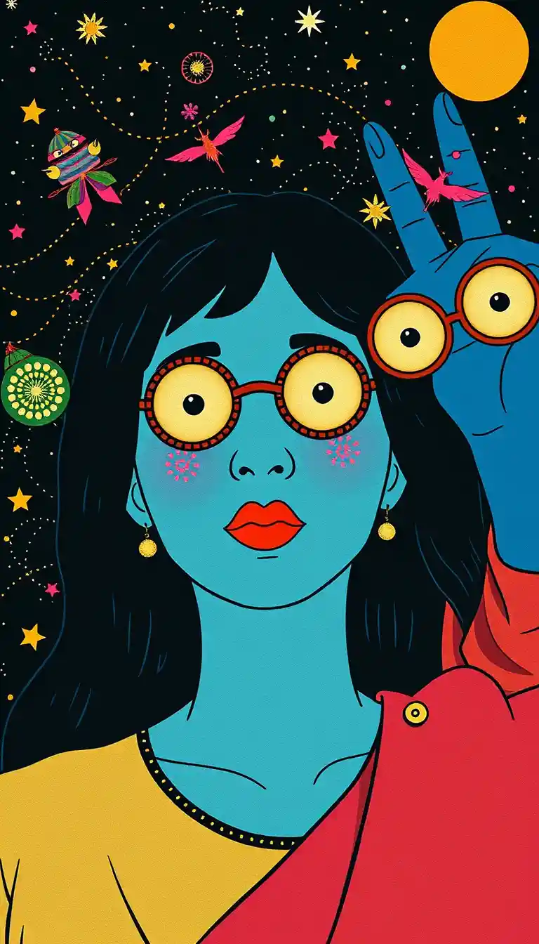 Whimsical retro illustration with fantastical quirky characters