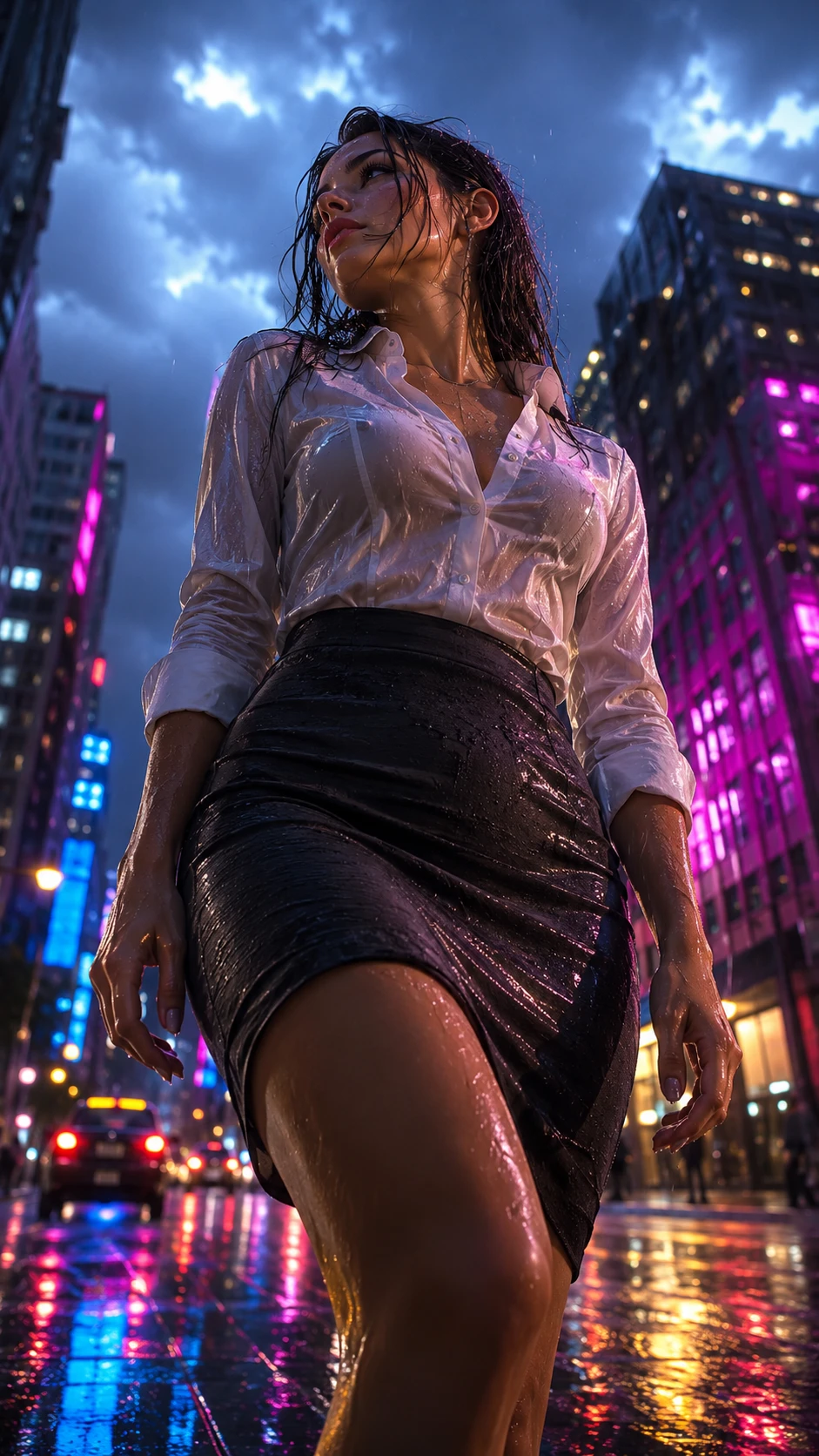 Retrato urbano em dia chuvoso de uma mulher elegante em ângulo baixo