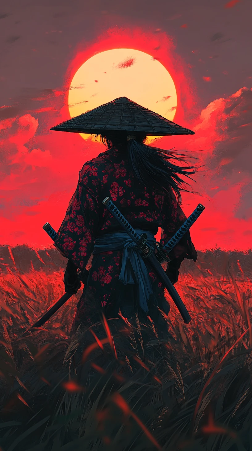 Samurai solitário em silhueta diante de um sol carmesim