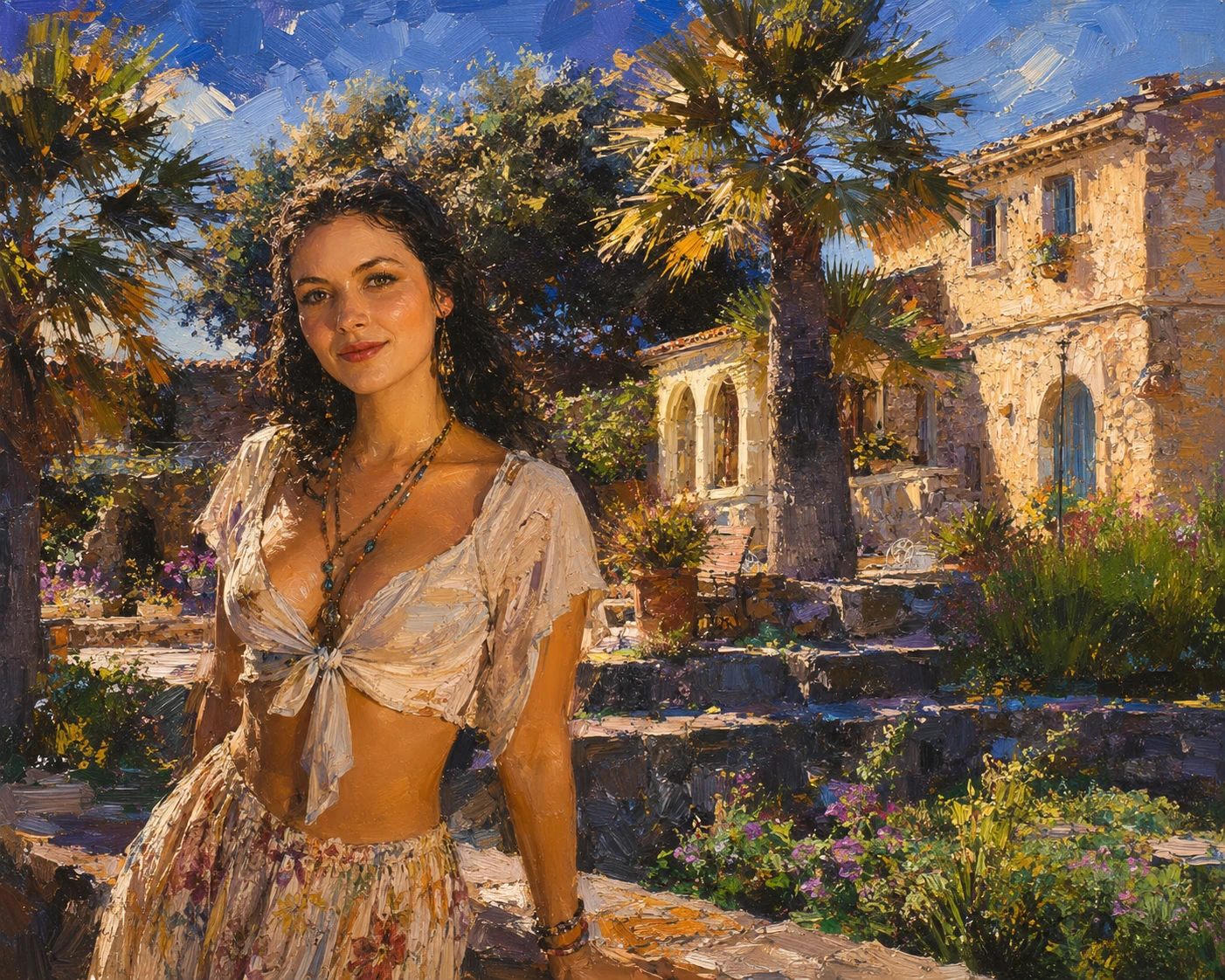 Jovem mulher hippie posando sob o brilhante sol mediterrâneo