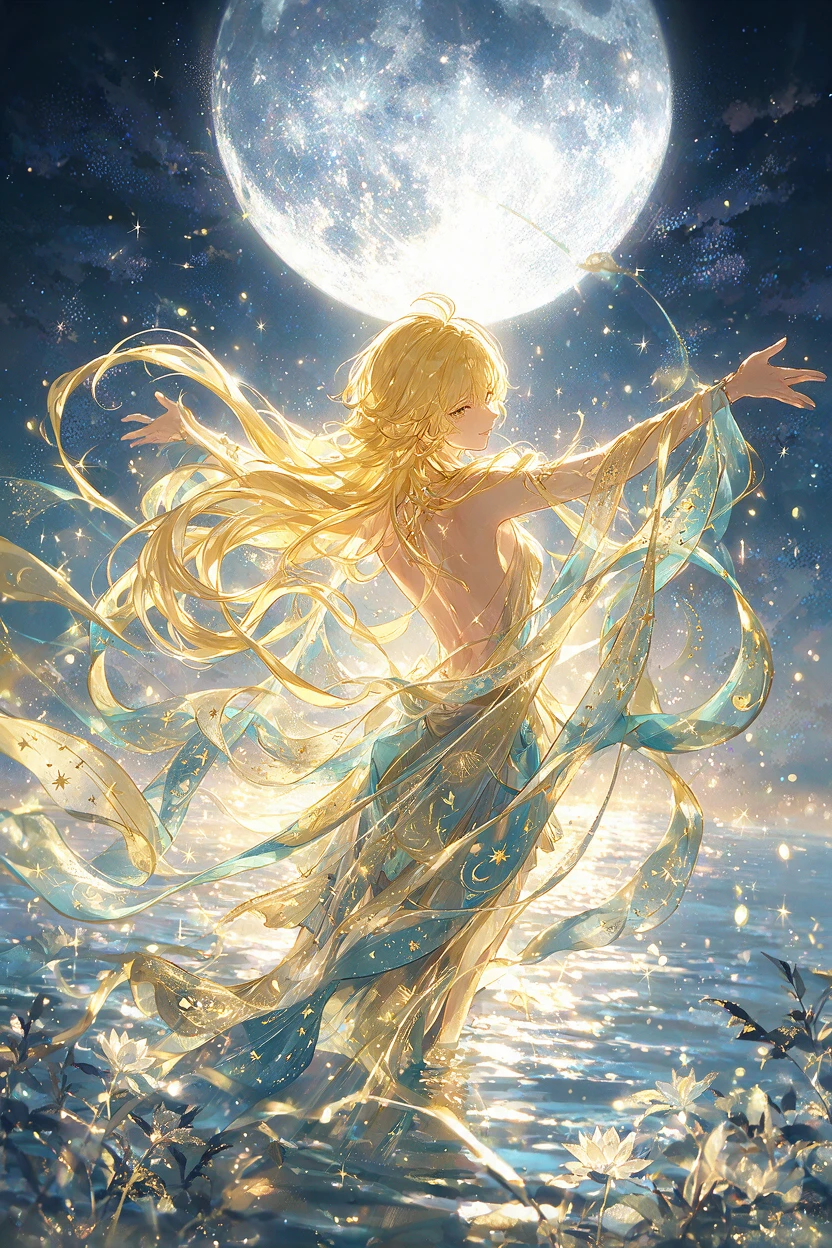 Mulher loira radiante sob uma lua cheia brilhante