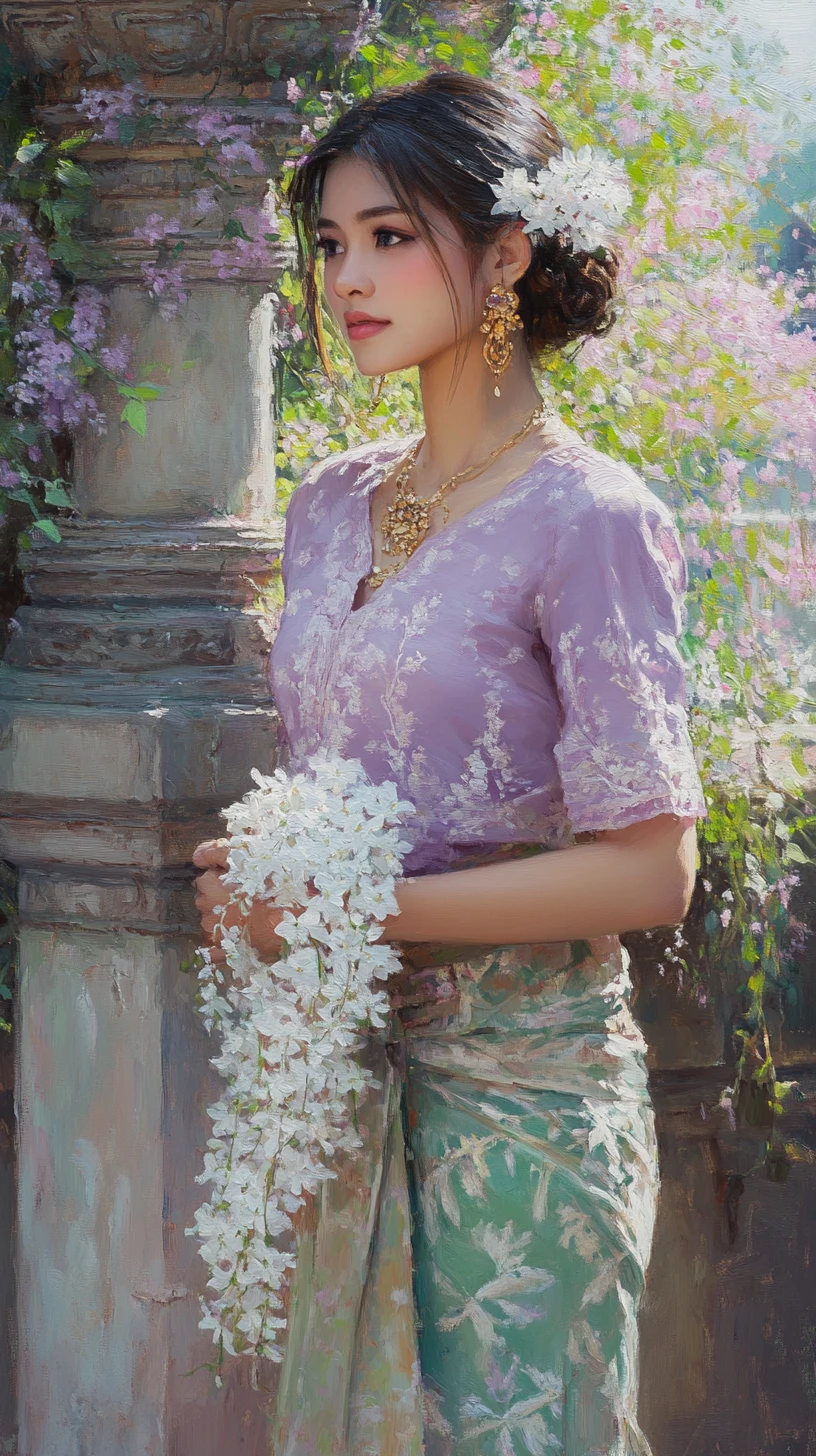 Graciosa mulher tailandesa com guirlanda de jasmim em jardim florido