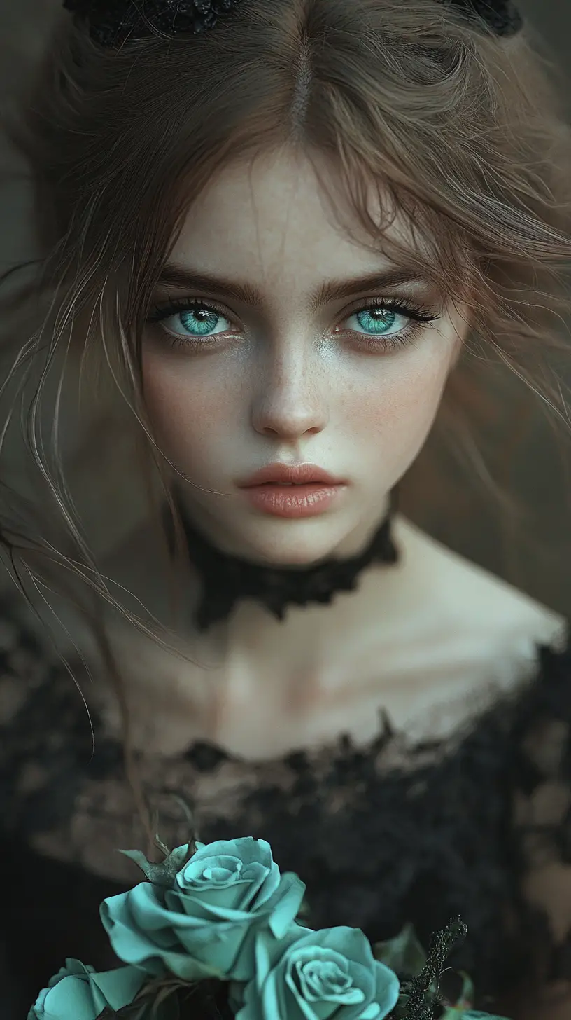 Melancholic fairy girl with teal roses in dark forest
