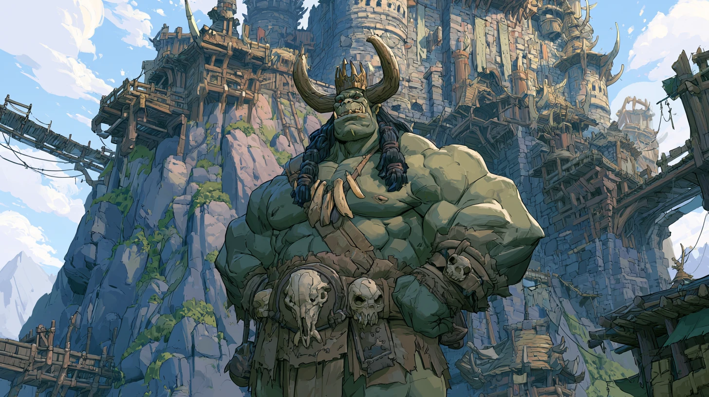 Roi orc majestueux devant une forteresse de montagne colossale
