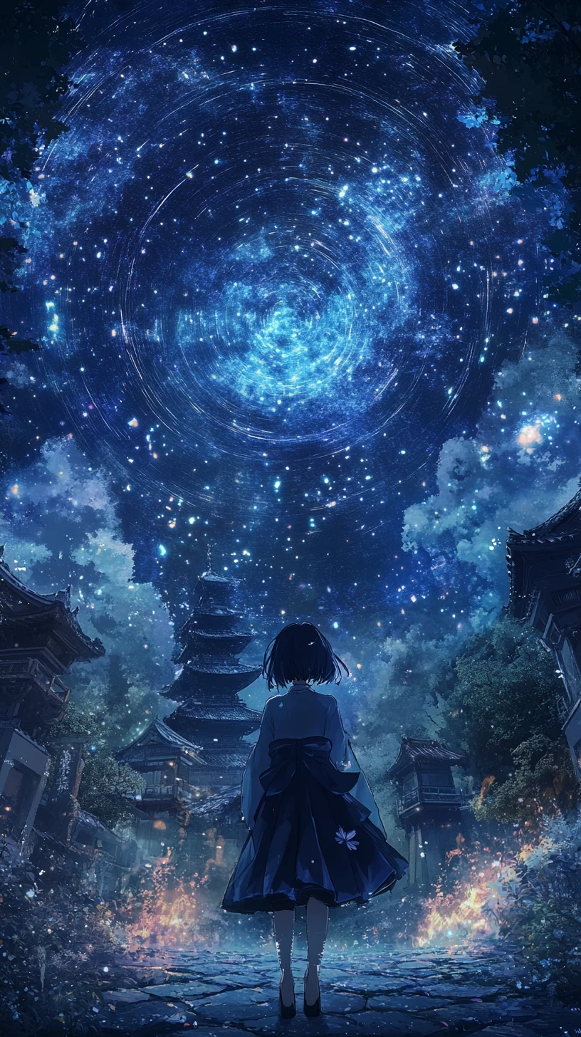 Garota de anime em templo japonês com fogos de artifício à noite